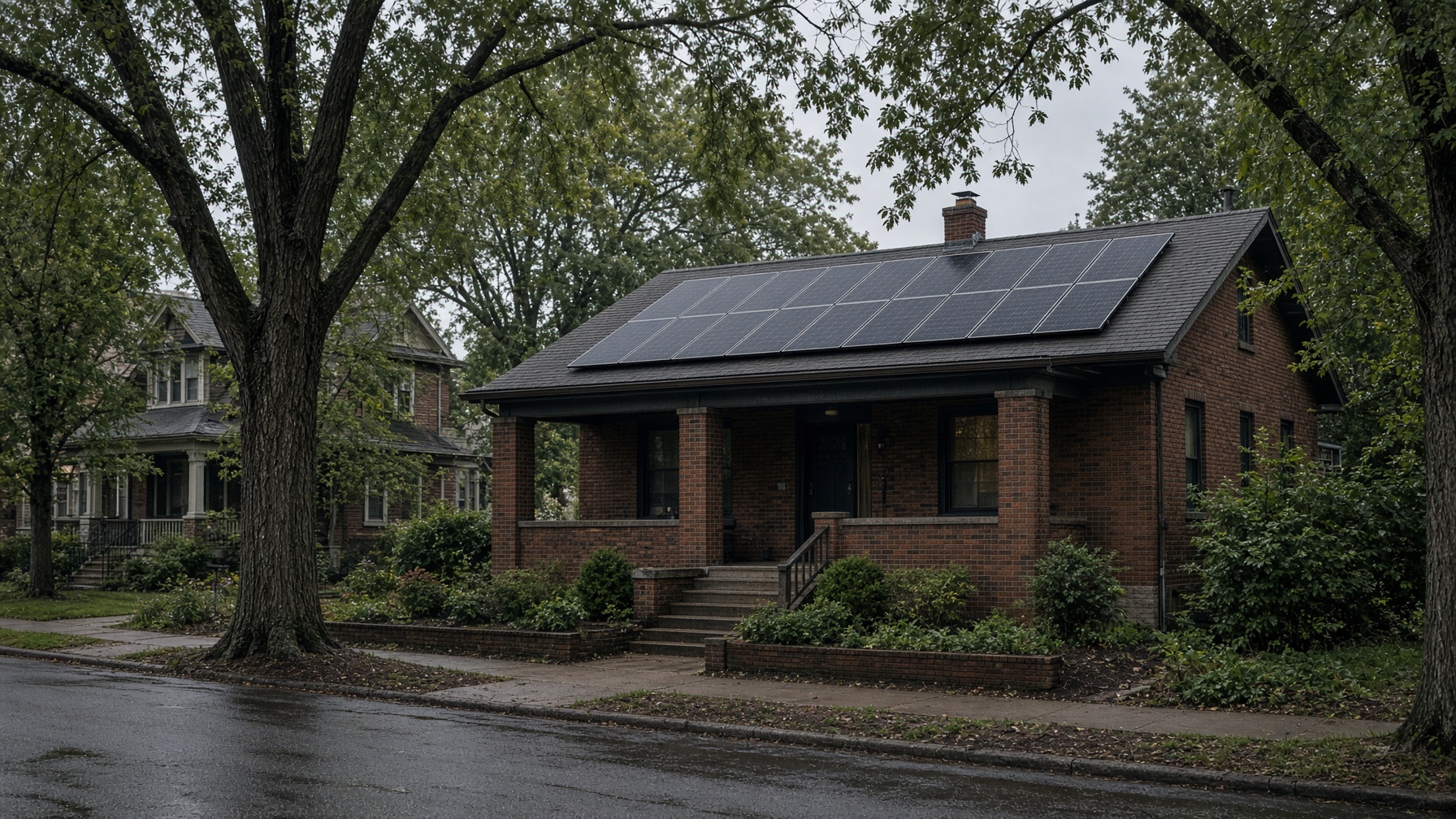 A Buffalo brick home with a black solar roof