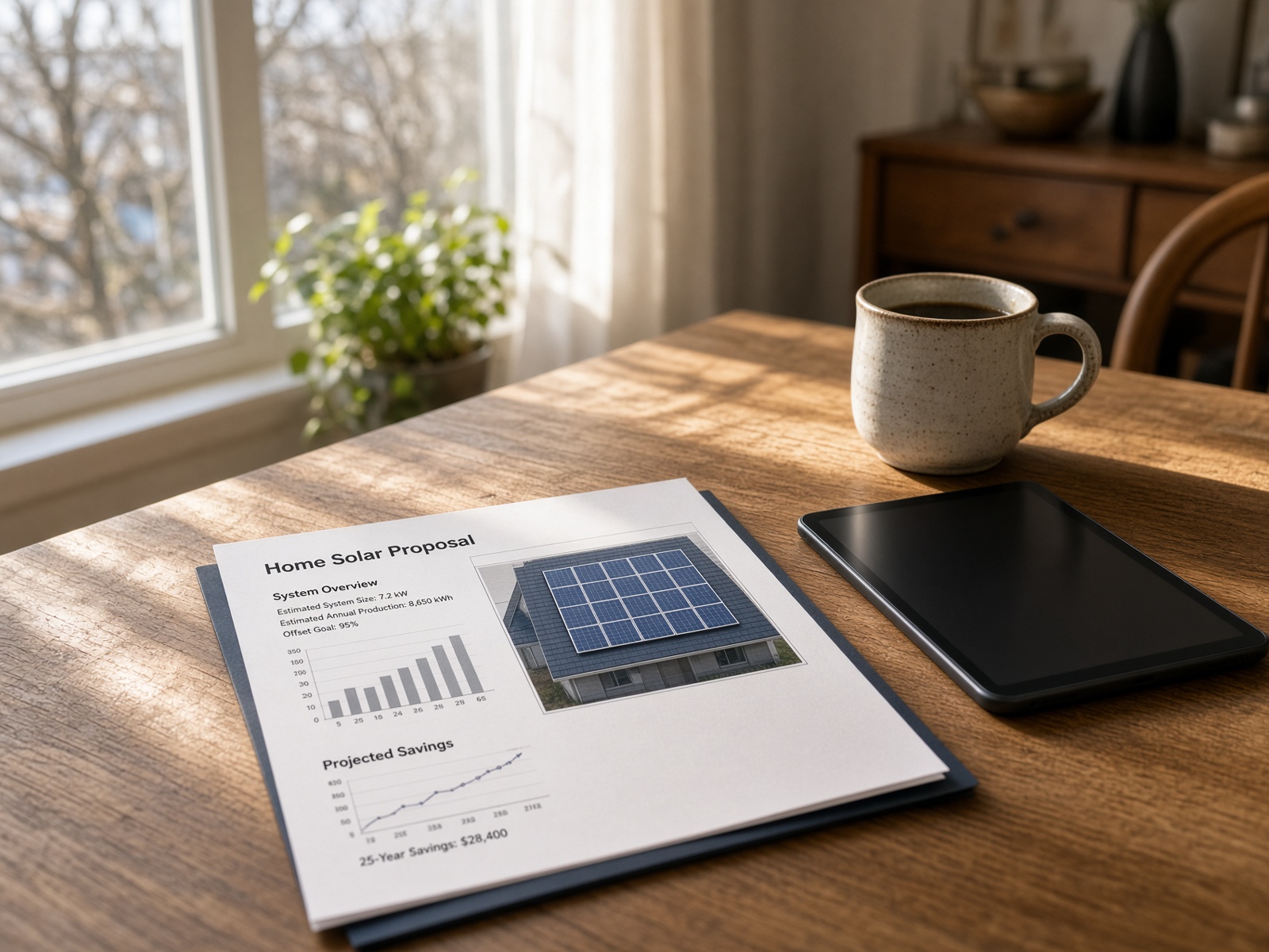 A solar home analysis laid out on a dining table