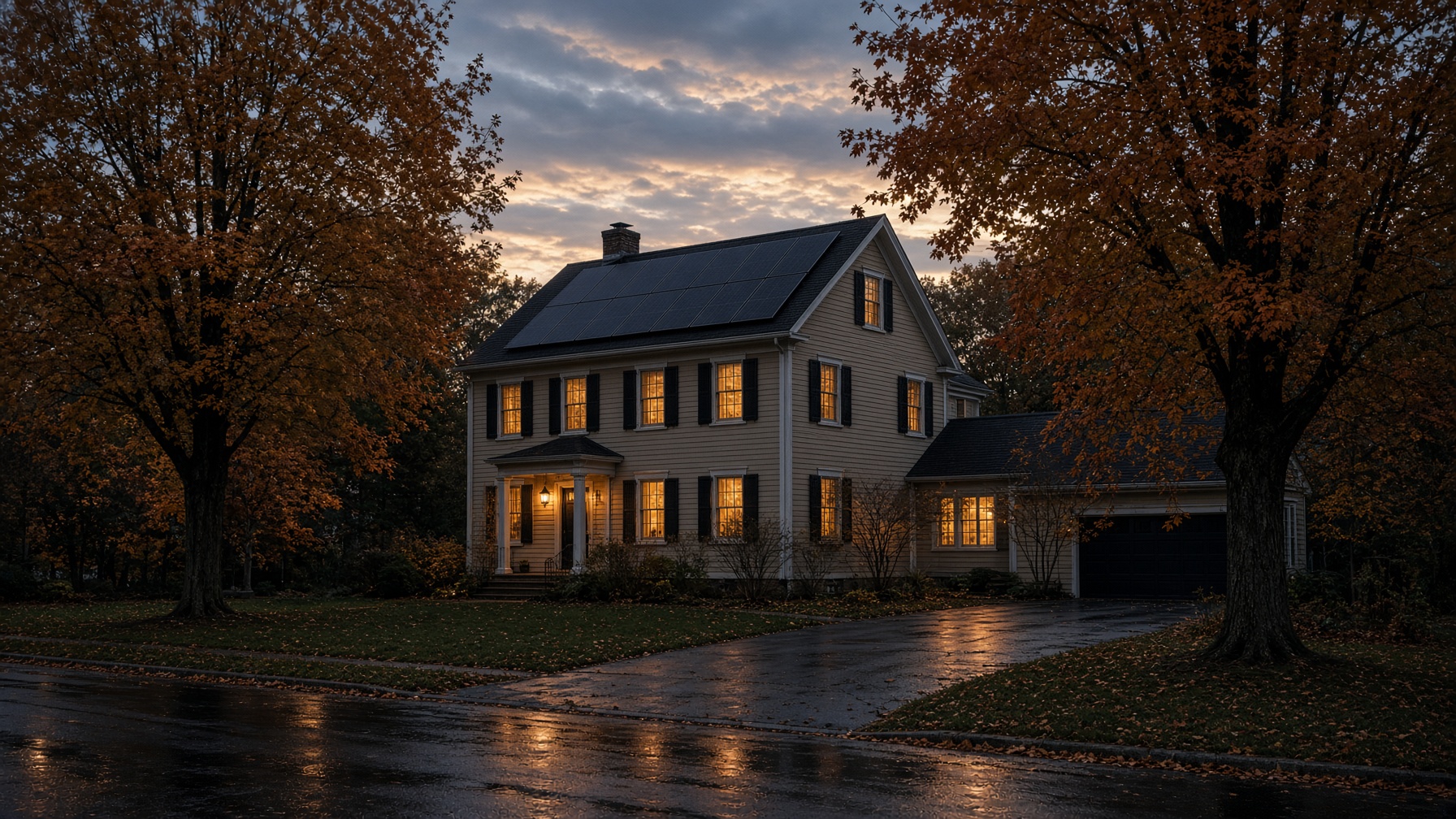 A Western New York home at dusk with a full solar roof