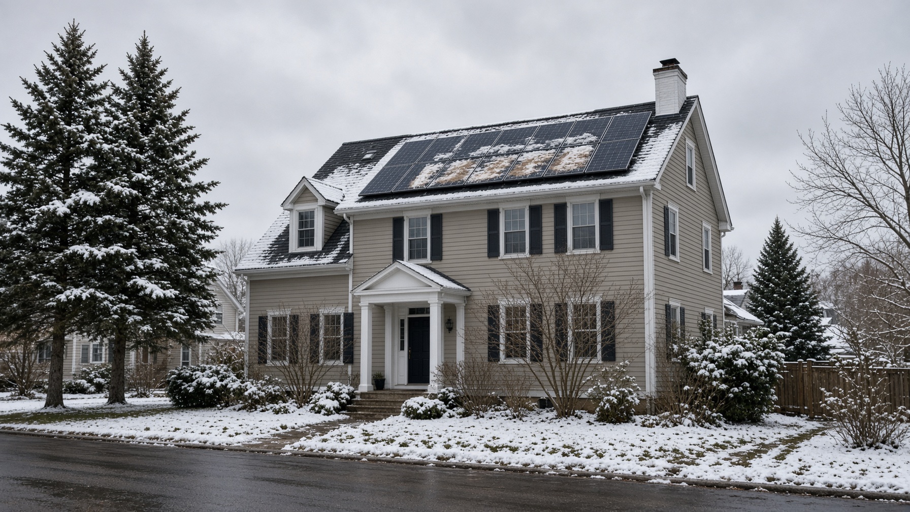 A Western New York home with snow-dusted solar panels